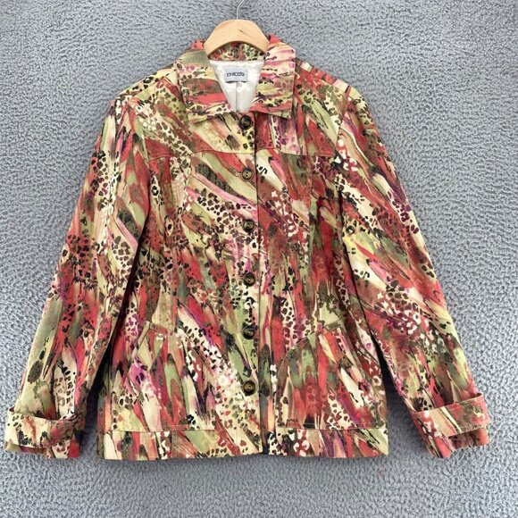 Chicos Jacket Womens 1 US Medium Green Red Multi Animal Print Shimmer Button Up - Picture 1 of 9